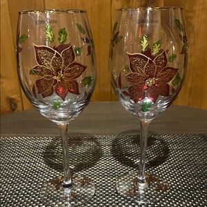 NEW Festive Poinsettia Set of 2 Handpainted Wine Glasses 9.5”